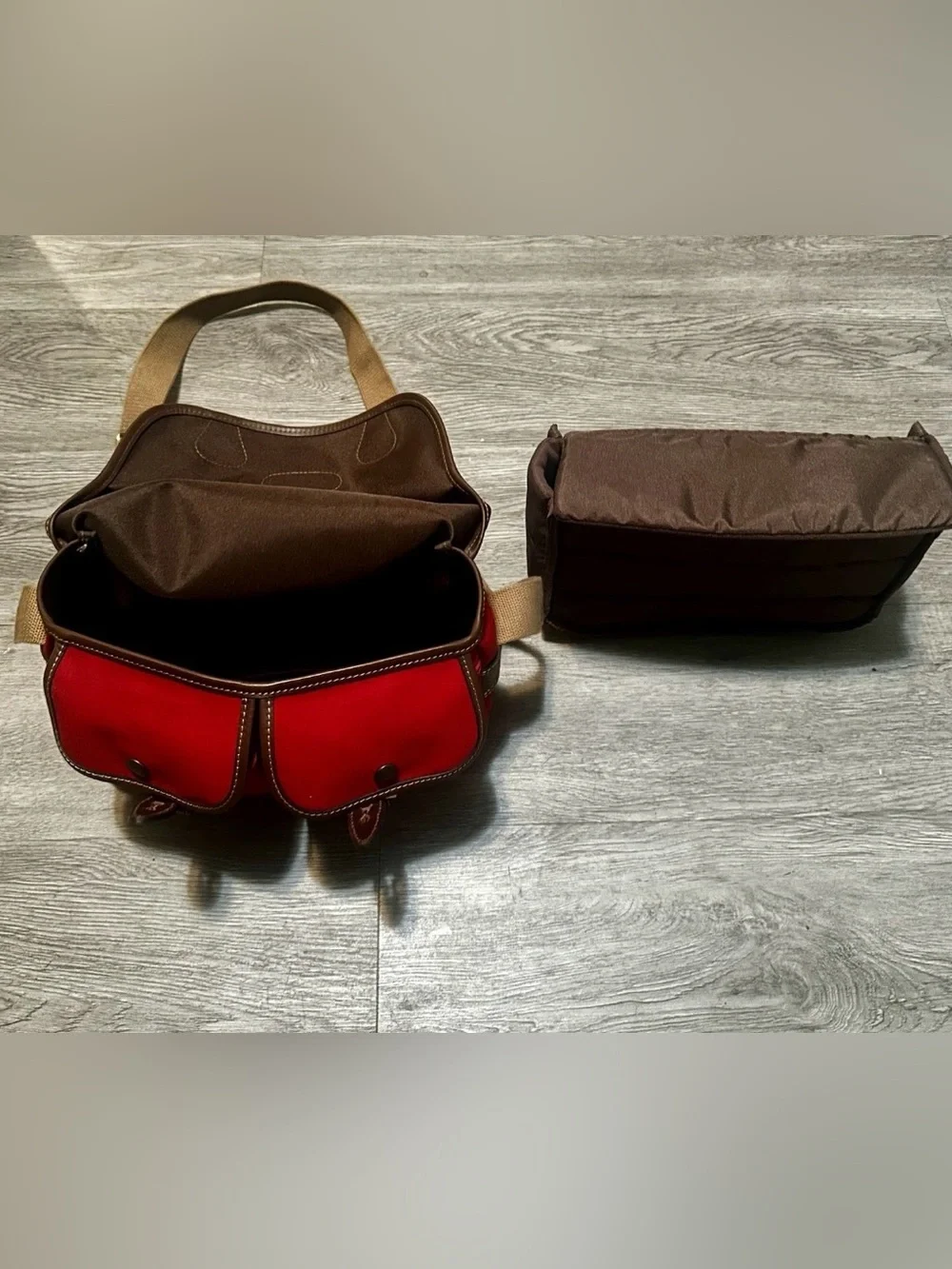 Billingham Red/Brown Canvas Camera Shoulder Bag w/ Strap Compartments 62492